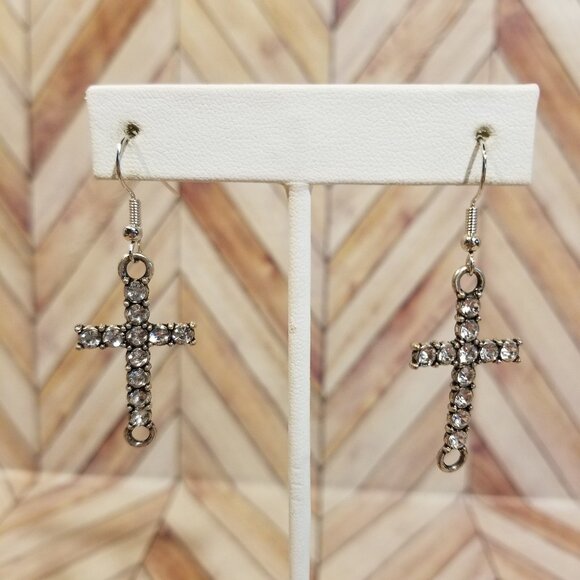 Silver Rhinestone Cross Dangling Earrings - Picture 1 of 3